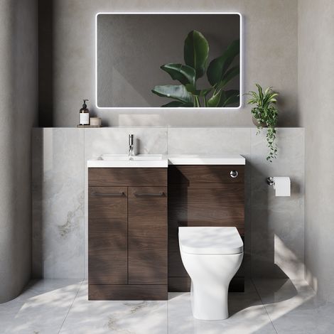 Napoli 390 Brown Oak 1000mm 2 Door Vanity Unit Toilet Suite with Left Hand Square Lucia Basin - 1000mm - Chrome 160mm HandleWith Kingston Toilet Pan and Seat