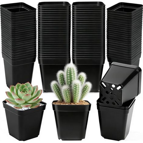 Lot de 100 pots de semis de 5,5 x 5,5 cm de diamètre, en plastique noir avec trou de drainage, pour l'intérieur et le jardin, pour le repiquage de semis. (1/5)