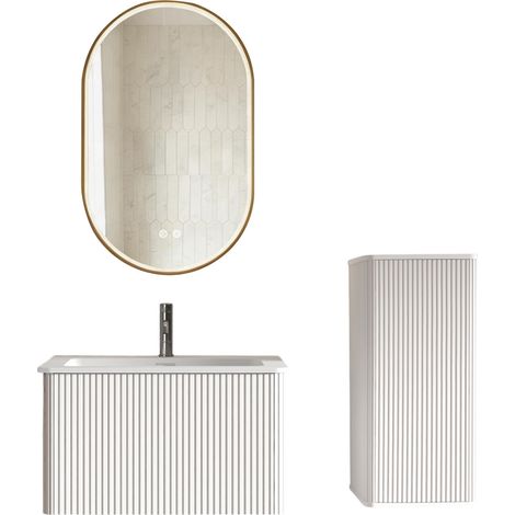 Set mobile bagno sospeso 80 cm con lavabo, colonna laterale e specchio LED ovale bianco (1/5)