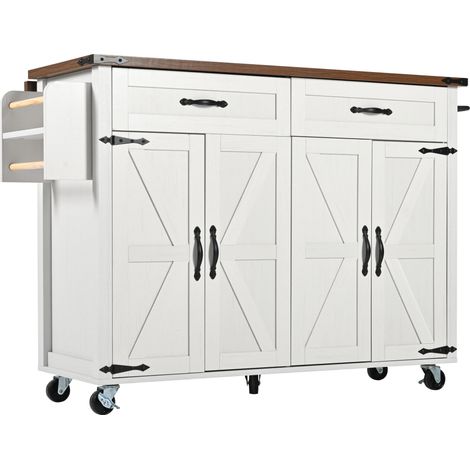 Îlot de cuisine, chariot de service avec plan de travail extensible, meuble de cuisine, chariot de cuisine, îlot de cuisine à roulettes, chariot de service avec quatre portes et deux tiroirs, chariot (1/5)