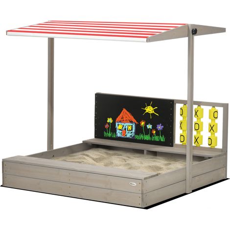 Kids Wooden Sandpit, sandbox with canopy & Seats, for Gardens - Grey