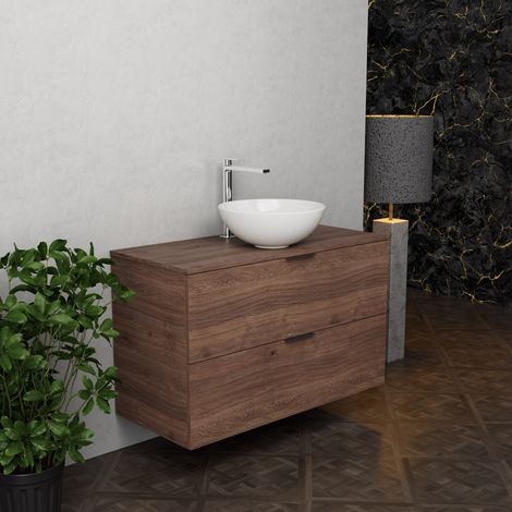 Inda - Badezimmerschrank B.100 mit Aufsatzwaschbecken / Braune Eiche 2 Schubladen - Topazio (1/5)