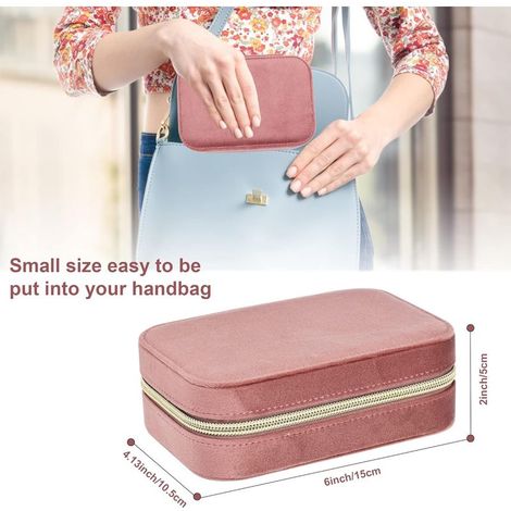 Schmuckkästchen aus Samt, kleines Reise-Schmuckkästchen, tragbare Aufbewahrungsbox für Reiseschmuck für Frauen und Mädchen (rosa) (1/5)