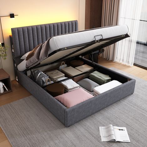 Cama almacenaje 160x200 cm con iluminación LED y carga USB tipo-C cabecero ajustable en lino gris (Sin Colchón) (1/5)