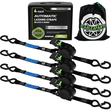 Lot de 4 Sangles à cliquet rétractables, 680KG de résistance à la Rupture, 3.6m 25mm d'arrimage à rétraction Automatique, Sangles a Cliquet Automatique pour Moto, Kayak et Camion, Noir (1/5)