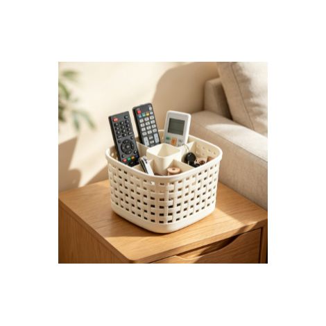 boîte de rangement rotative couleur crème grande capacité à plusieurs emplacements aspect rotin panier de bureau multifonction pot à stylos créatif pour fournitures de bureau rangement sur table (1/5)
