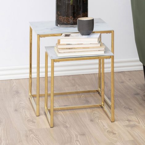 Lot de 2 tables gigognes aspect marbre blanc et métal doré - MONZA