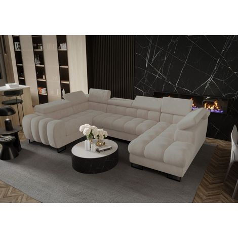 Wohnlandschaft Schlafsofa BASTIEN in Stoff Terra Beige Ottomane Rechts