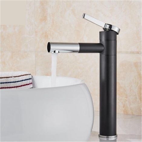 Robinet de lavabo de salle de bain cylindrique noir simple et contemporain, Mitigeur de lavabo - Noir-Chrome,30cm (1/5)