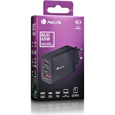 Cargador de Pared NGS Bud/ 2xUSB Tipo-C/ 1xUSB/ 65W