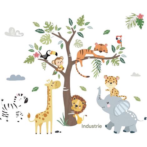 Elkuaie Jungle Stickers Muraux - Respectueux des Animaux - Thème Arbre et Savane - 1 Pièce - Marron/Vert (1/5)