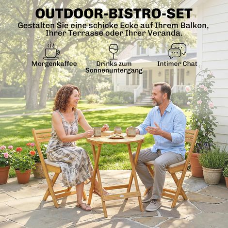 Ensemble mobilier balcon 3 pièces, bois FSC certifié, mobilier jardin pliable avec table ronde, 2 fauteuils, coussins assise respirants et assise lattes. (1/4)