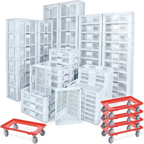 BRB 78 Stück Stapelkörbe/Bäckerkästen in 5 Größen, Grundmaß LxB 600x400 mm, H 90 mm, 150 mm, 240 mm, 320 mm, 410 mm, + 5x Transportroller rot (weiß)