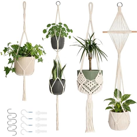 4 Pièces Suspension Macramé Intérieur, Suspension Plante Macramé, Pot Suspendu Plante Interieur, Pot Suspendu pour Chambre, Jardin, Balcon, Fenêtre (1/5)