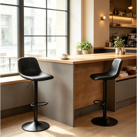 Pack de 2 taburetes de bar 37x44x82-104 cm en PU y metal negro, regulables FloraGrace (1/5)