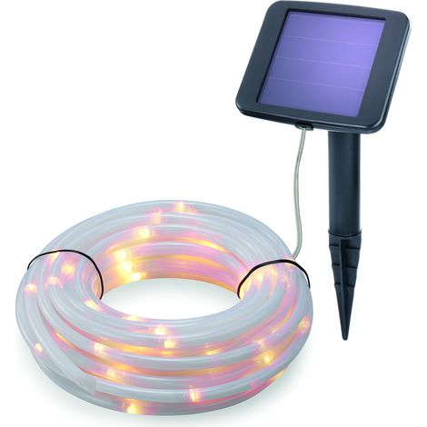 Solar Lichtschlauch, 10m, 100 LEDs, warmweiß, Zuleitung 2m, Akku, Solarmodul, Erdspieß, Wintergarten, Außenlichterkette, Hochzeitsdeko, Weihnachtsbeleuchtung, außen, wetterfest, 102174 (1/6)