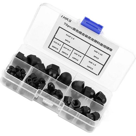 70 Stück M3/M4/M5/M6/M8/M10 Nylon-Hutmuttern-Set mit Domkopf-Sechskantmuttern (Schwarz) (1/5)