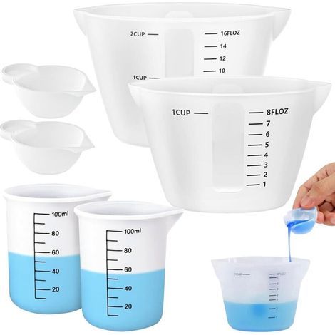 Lot de 6 gobelets doseurs en silicone - 500 ml/250 ml/100 ml/100 ml - Pichets réutilisables avec graduation - Gobelets mélangeurs en résine époxy pour bricolage, bricolage, laboratoire, cuisine (1/4)