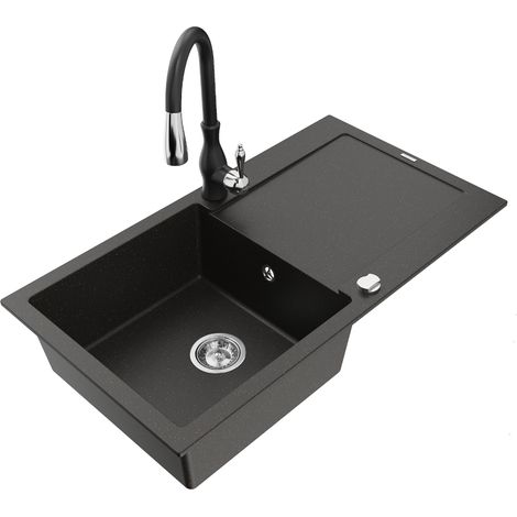Mexen Leo lavello in granito a 1 vasca con scolapiatti e miscelatore cucina Savita, nero/oro metallizzato - 6501-75-672601-70 (1/5)