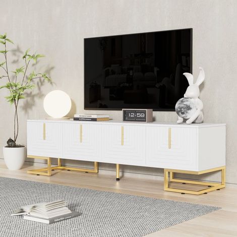 Mobile TV basso con porta testurizzata, maniglie e piedini dorati, 4 Porte - Armadio TV Salotto Bianco, 170x40x45cm