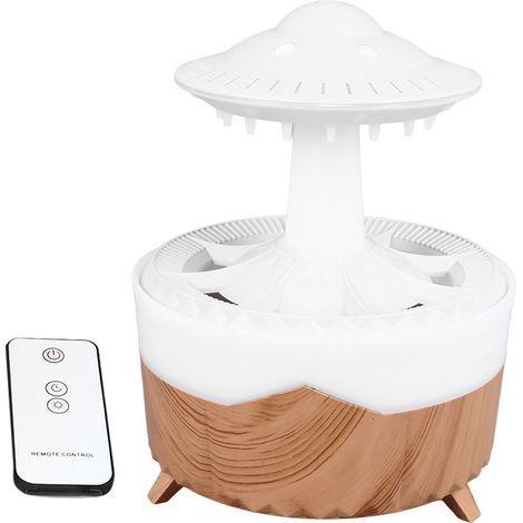 Mini humidificateur champignon simulant les gouttes de pluie, avec télécommande et lumière colorée. Humidificateur de bureau, prise UE 100-240 V, coloris bois. (1/5)
