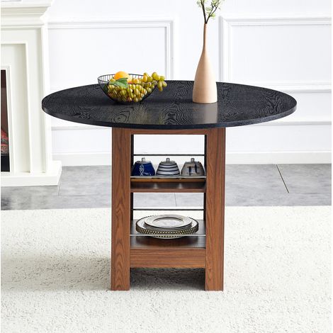 Mesa de comedor redonda 100x100x76 cm, con almacenaje abierto, tablero de 2 cm, MDF negro y nogal (1/5)