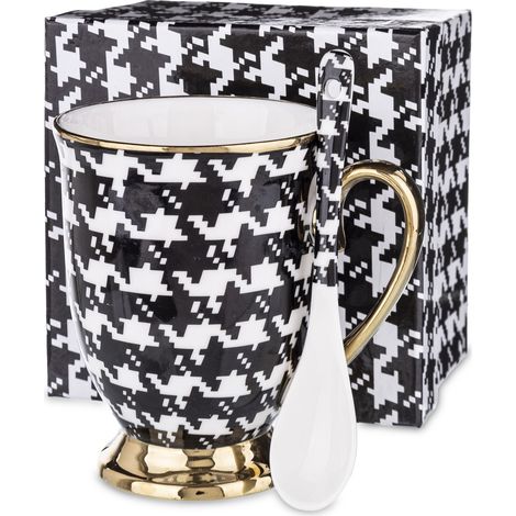 Tasse mit Löffel, Porzellan, schwarz, weiß, gold (1/5)