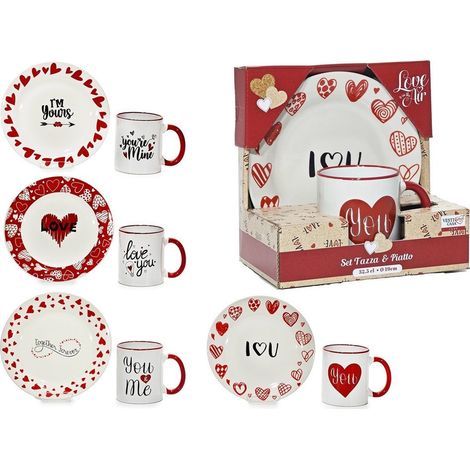 TRADE SHOP - Set 2 Pz Tazza Da 32,5cl Con Piatto ø19cm Con Decoro Cuori Scritte A Tema San Valentino -