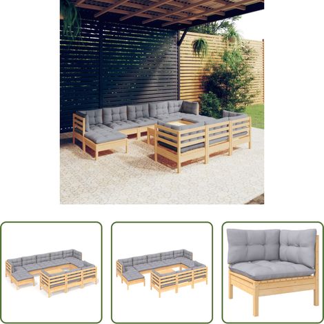 Terrassensofa -  11-tlg. Garten-Lounge-Set mit Grauen Kissen Kiefer Massivholz (1/5)