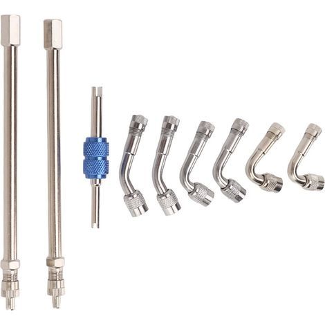 Rallonges de tige de Valve en métal, 45 90 135 degrés, adaptateur d'extension de tige de Valve double pour voitures, camions, tondeuses à gazon (1/5)