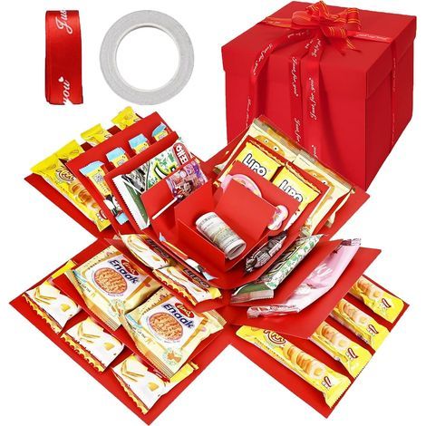 DIY 5-lagige Explosionsbox Überraschungsbox mit Klebeband + Schleife Vielseitige Geschenkbox für Geburtstag, Weihnachten, Valentinstag, Hochzeit und Hochzeitstag (Rot) (1/5)