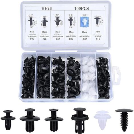 Kit de 100 clips de fixation voiture – 6 tailles pour pare-chocs et portes – Plastique résistant à l'usure – Installation facile (1/5)
