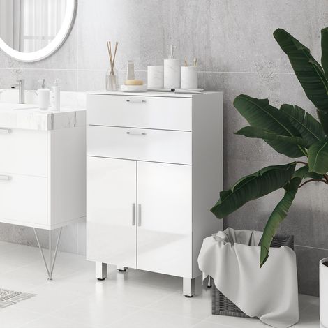 Mobile contenitore moderno per il bagno con 2 cassetti, armadietto e ripiani regolabili, antiribaltamento, portata massima 35 kg, 60x30x93 cm, bianco.