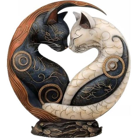 Statue Chat Résine - Design Yin Yang - Décoration Bureau Tableau - Noir - 1 Pièce (1/5)