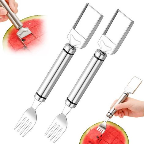 Ensemble de 2 coupe-pastèques - Coupe-fruits 2 en 1 en acier inoxydable - Fourchette à pastèque améliorée - Fourchette à fruits à double tête - Manche rond - Couleur argent, deux pièces (1/5)