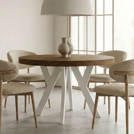 Table de salle à manger ronde extensible PERO, style loft, scandinave, diamètre : 120 / 220 cm, Couleur :Lefkas / Blanc