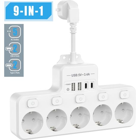 (Blanc) Multiprise multifonctionnelle aux normes européennes avec 2 ports USB et 2 ports de charge Type-C, 16A 4000W. (1/5)