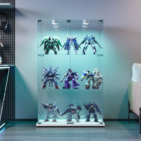 FOERPL-Glasvitrine mit LED-Beleuchtung, Säulenvitrine mit 3 Ablagen für Sammlungen, Glas-Weinschrank mit 2 Tür und Schloss Vertikale Sammlungsvitrine/Aufbewahrungsvitrine