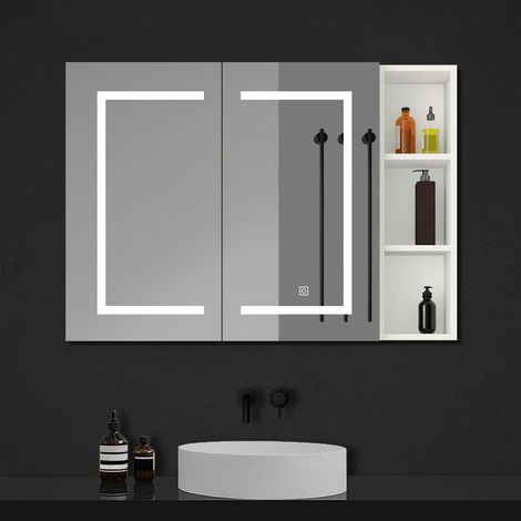 Ocean Armoire Miroir Salle de Bain LED, 80x70cm avec Prise Rasoir+Anti-Buée+3 Tons LED+armoire latérale, blanc