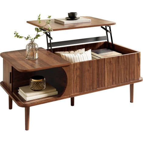 Couchtisch mit Höhenverstellung, Schiebetüren, Walnussholzoptik, vertikalen Rillen, Tischbeinen aus Holz, Stauraum, Retro-Stil, 100 cm lang x 48 cm breit x 55,5 cm hoch