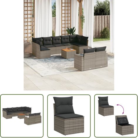 The Living Store 10-tlg. Garten-Sofagarnitur mit Kissen Grau Poly Rattan - Gartenmöbel Set - Lounge Möbel - Outdoor Möbel - Rattan Gartenmöbel - Wetterfeste Gartenmöbel (1/5)