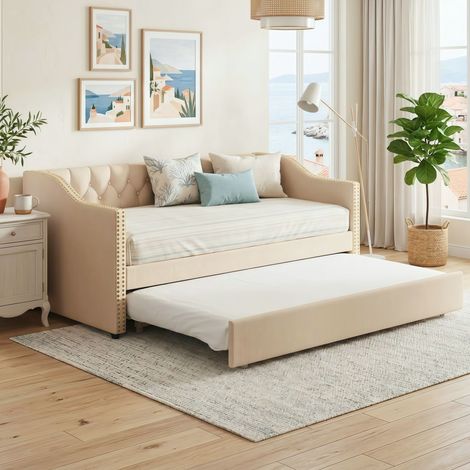 Canapé convertible - Canapé-Lit de Relaxation Rembourré Capitonné en Lin, Lit d'Appoint avec Sommier pour Chambre Enfant Adulte - Beige (1/5)