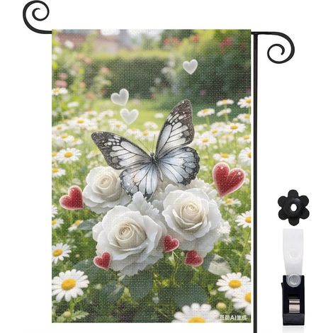Drapeau de jardin décoratif 30 x 45 cm motif papillon et fleurs douces toile double face pour maison (1/5)