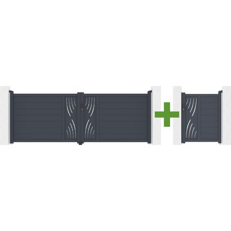 Portail battant 3,5m VELETA H.120cm gris + Portillon aluminium gris 1m VELETA H.120cm