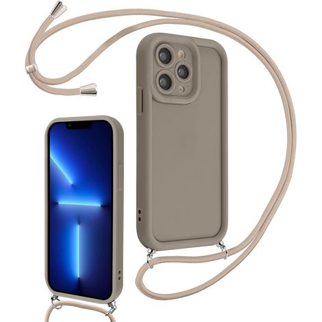 Coque pour iPhone 13 Pro Max 6,7" avec Cordon de Collier Réglable, Etui Protection de la Caméra Silicone Souple TPU Antichoc Housse avec Corde Lanyard Cover pour Femmes Filles, Kaki (1/5)