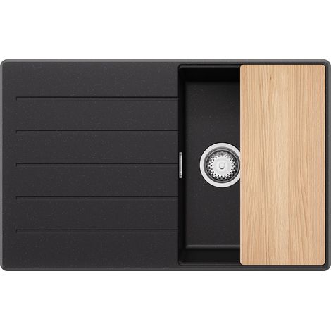 PRIMAGRAN Evier Cuisine en Granit 78x50cm, Lavabo 1 bac + Kit de Vidage + Planche à Découper, Évier à Encastrer au meuble 45cm - Copenhague, Noir Métallisé (1/5)