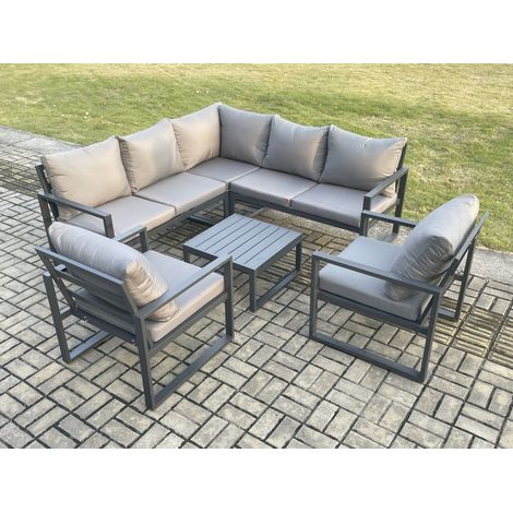 Fimous Outdoor Garden Furniture Set Aluminium Lounge Sofa Square Coffee Table Sets with 2 Pcs Chair Indoor Conservatory Set Dark Grey (1/5)