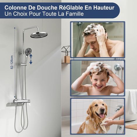 Colonne de Douche Thermostatique Inox 25cm Pluie Tropicale Pommeau 3 Jets Réglable Hauteur Protection Anti Brûlure Économie d'Eau Installation Rapide Ensemble de Douche avec Mitigeur (1/5)