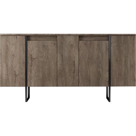Cotecosy – Buffet moderne 4 portes 160cm – Panneaux mélaminés – Pieds métalliques noir mat – Rangement généreux pour objets essentiels - 160cm-Marron (1/5)