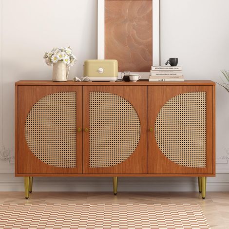 Buffet bas, Meuble de rangement commode pour salon et chambre, Cannage rotin style bohème chic 3 portes pieds métal 130x40x76cm, Noyer